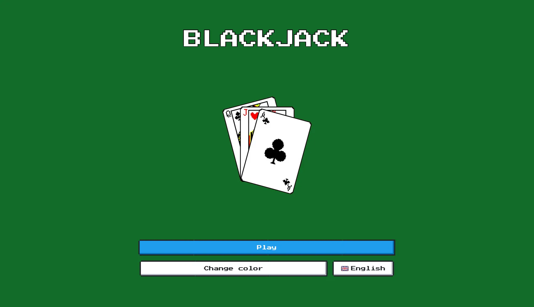 Blackjack application menu screenshot with three pixelated cards as a logo and buttons to start playing